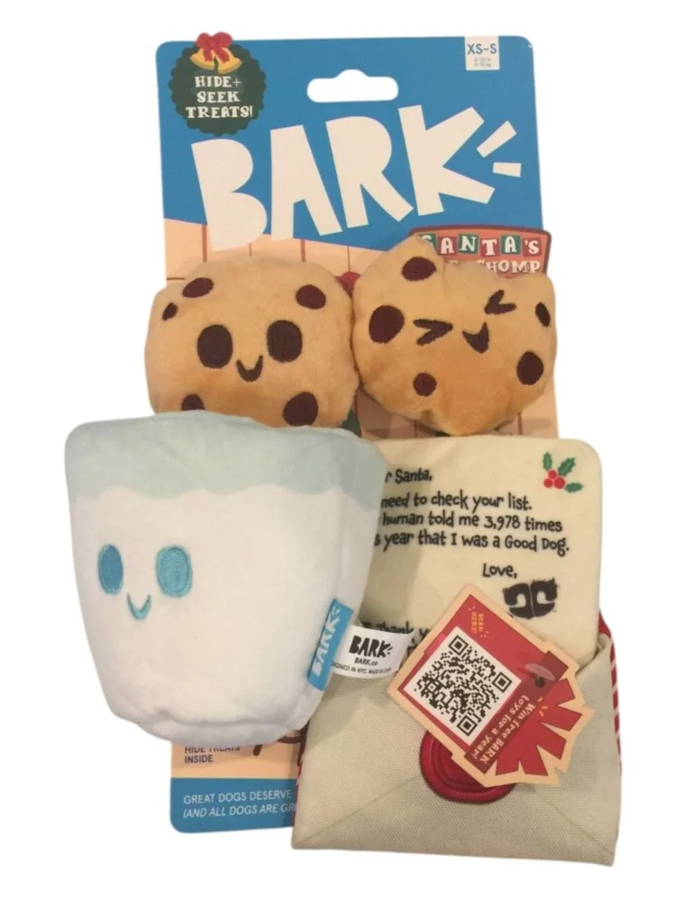 BARK Letter Fur Santa all Dog Toy Squeaky 4 Pieces Cookie Milk Letter
